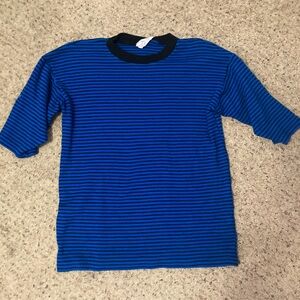Vintage 80s short sleeve knit thin stripe black & blue sweater top CR Plus Me